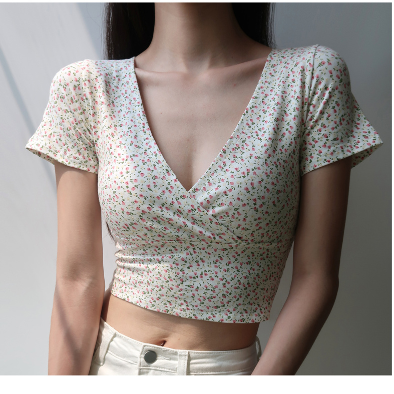 Áo Croptop Cổ Chữ V In Hoa Phong Cách Retro Cho Nữ