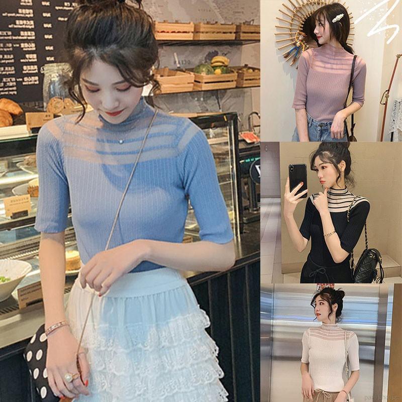 ✨áo thun dệt kim✨ áo thun nữ tay lửng cổ phối ren thời trang