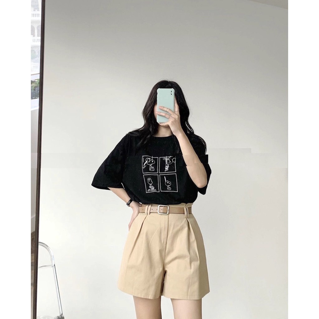 Set Short Ống Rộng Kẻ Ô Snoopy PEONYB Nữ [FREESHIP] 🌸 Bộ áo in hình chó cute, quần sooc oversize màu BE | ĐEN Ulzzang 🌸