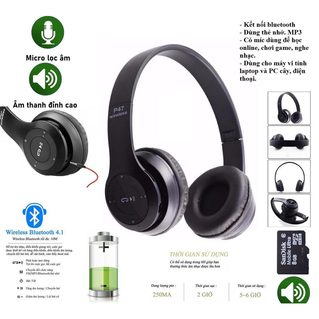 Tai nghe chụp tai không dây có míc Kết Nối Bluetooth 4.1 Dùng Cho Điện Thoại / Máy Tính hỗ trợ thẻ nhớ và dây 3.5mm