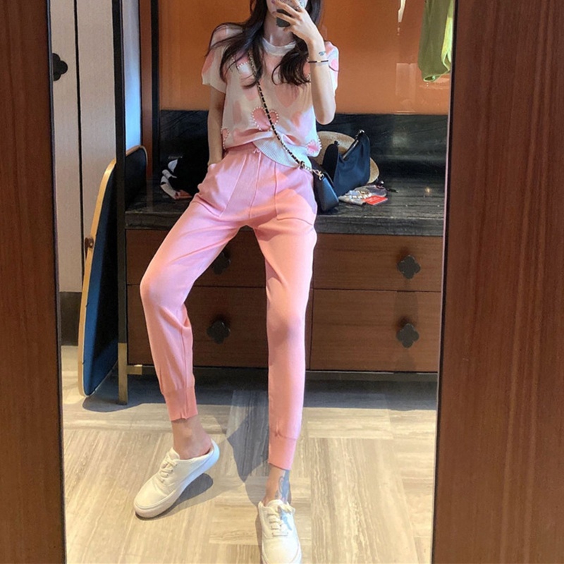 Áo Crop Top Dệt Kim Tay Ngắn Cổ Tròn In Họa Tiết Trái Tim Đính Ngọc Trai Giả Dễ Thương Thời Trang Cho Nữ