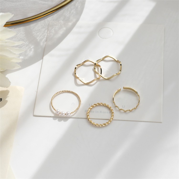 Set 5 Nhẫn Mạ Vàng Đính Ngọc Trai Nhân Tạo Phong Cách Hàn Quốc
