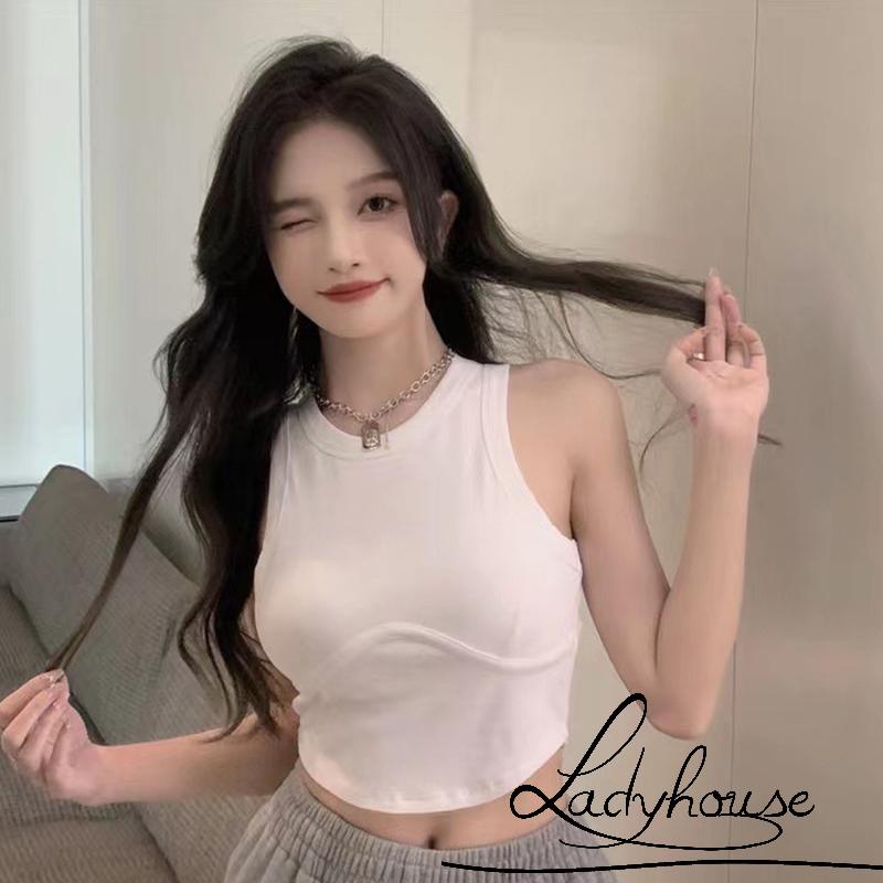 LD-Women Push Up Crochet Vest, Solid Color Round Neck Ribbed Cropped Tank Tops, Black/ White/ Coffee