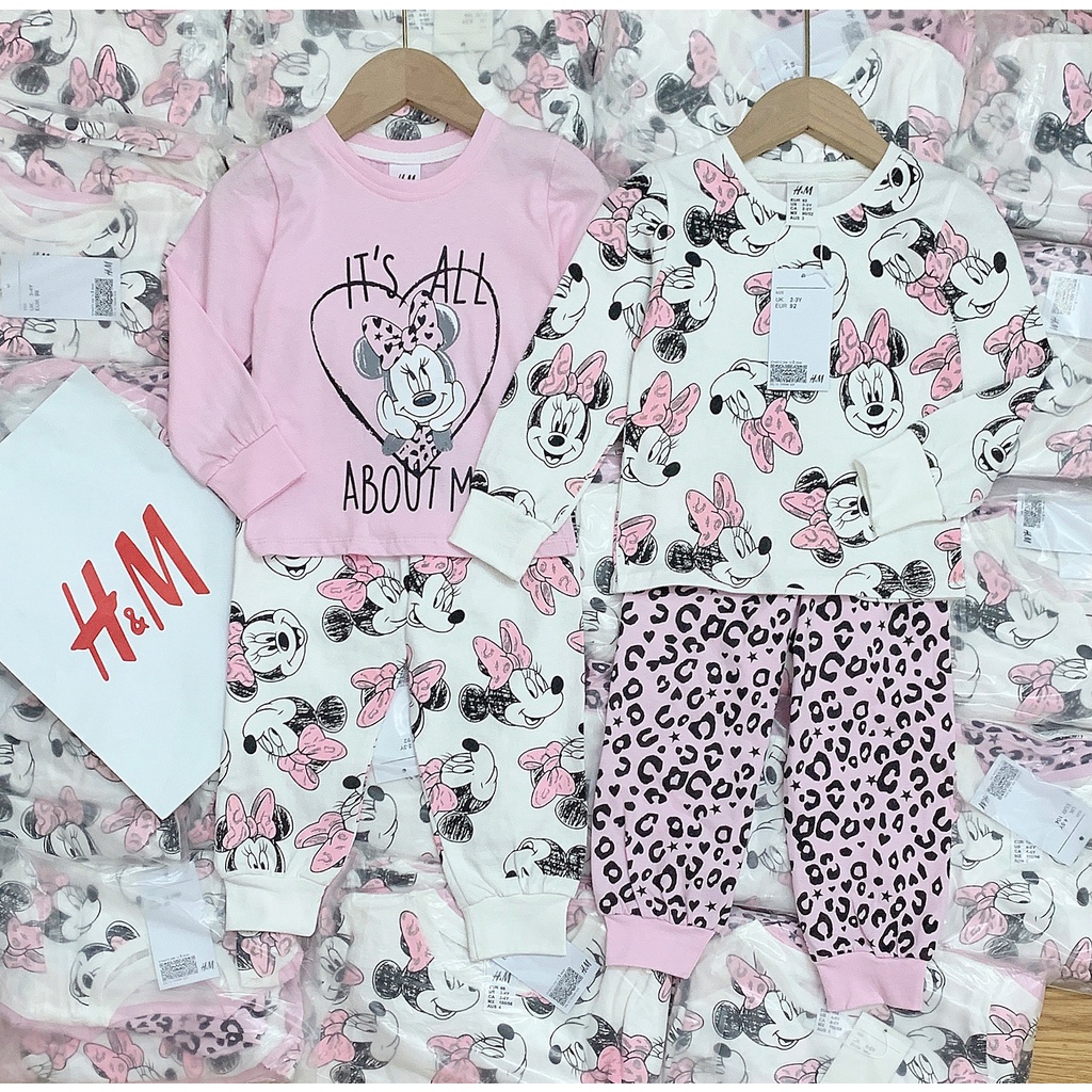 Set 2 bộ cotton bé gái dài tay hình công chúa chuột mickey minnie màu hồng trắng cho bé 1 2 3 4 5 6 tuổi