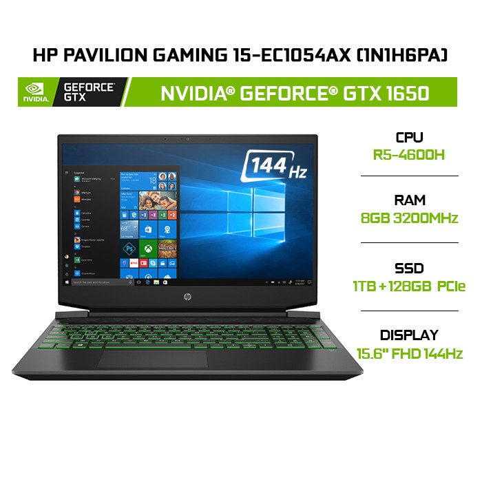 Laptop HP Pavilion Gaming 15-ec1054AX 1N1H6PA GeForce® GTX 1650 R5-4600H 8GB 128GB+1TB 15.6&quot; Win 10