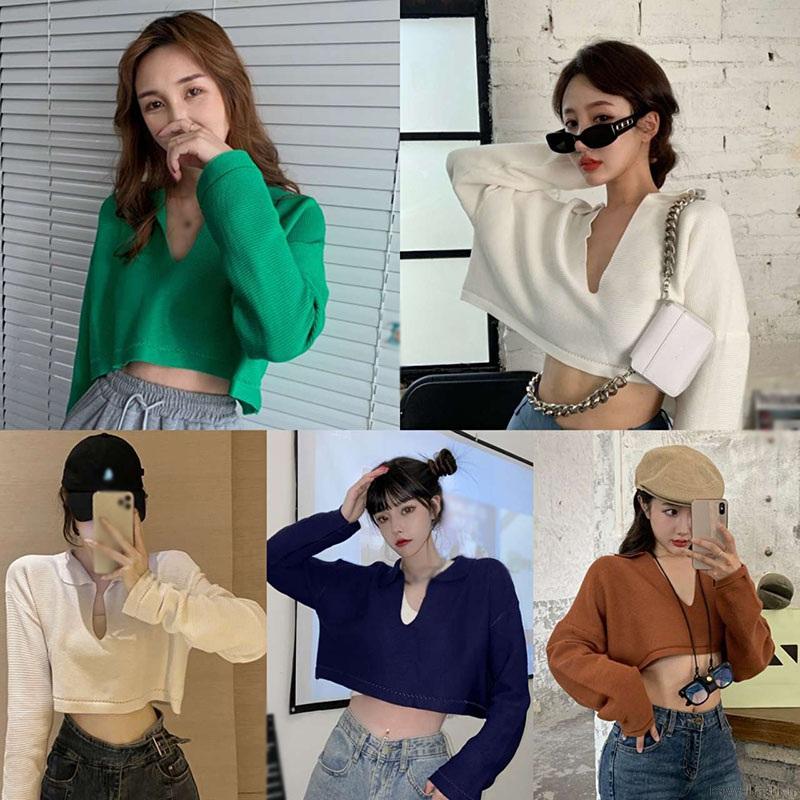 Áo Croptop Dệt Kim Tay Dài Thiết Kế Cổ Chữ V Màu Trơn Thanh Lịch