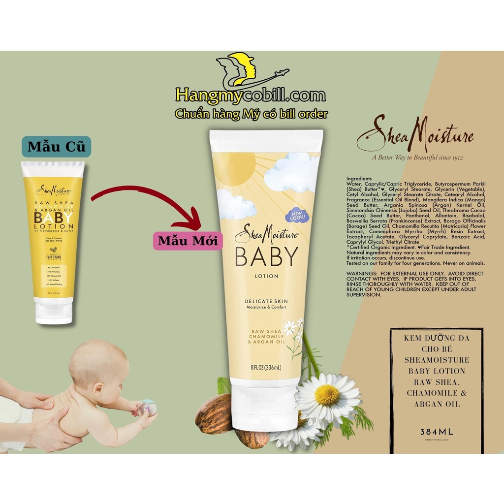 Kem dưỡng da cho bé SheaMoisture Baby Lotion Raw Shea, Chamomile & Argan Oil