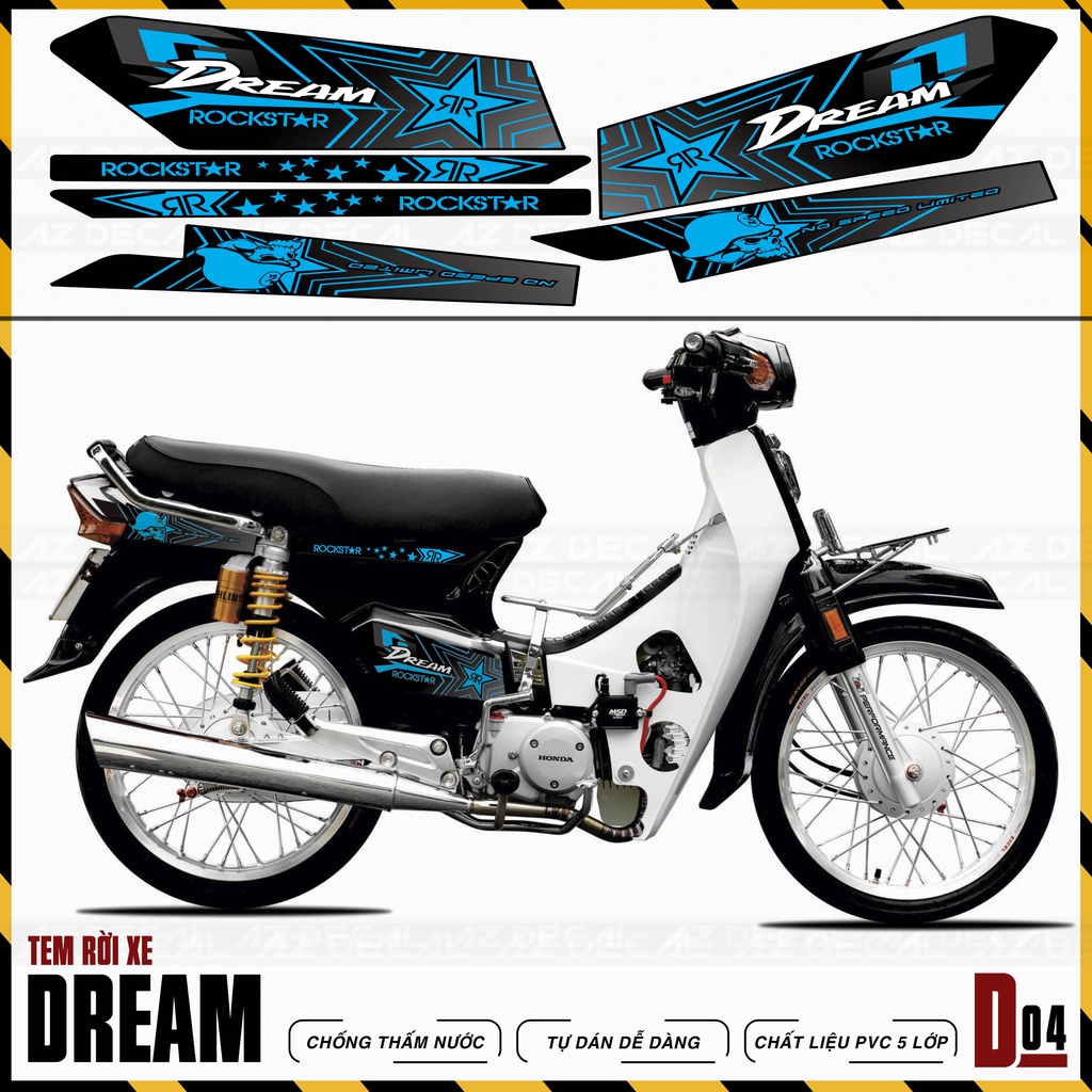 Tem Chế Dán Xe Dream 110 100 Thiết Kế Rockstar | D4 | Tem Rời Xe Dream Việt, Thái Chống Nước, Bền Màu
