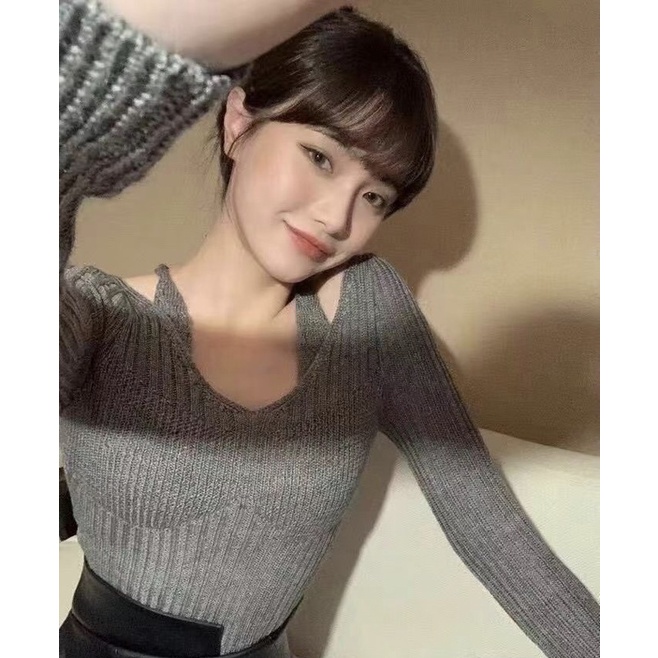 áo len dệt kim cổ tim ngang mix dây dả yếm buộc cổ sexy (k279-1#)