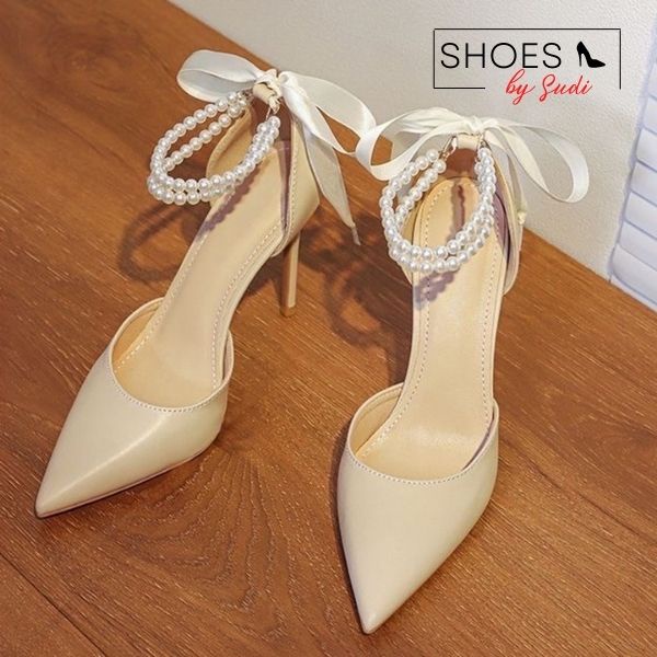 Giày cao gót 9p bít mũi có quai ngọc thắt nơ phía sau 2 màu trắng đen tiểu thư SUDI SHOSE TH139-BCF