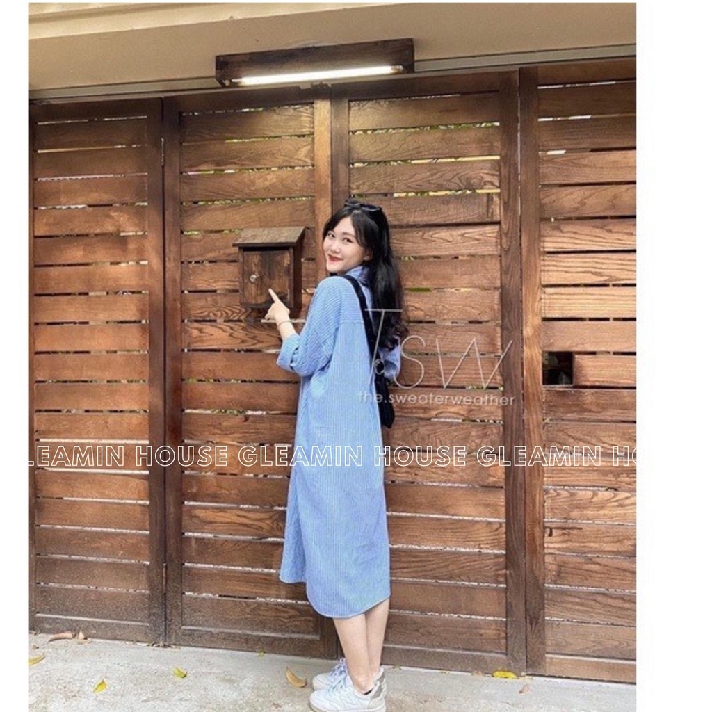 Váy - Đầm sơ mi nữ dáng suông kẻ sọc xanh dài tay kèm đai hai màu đen xanh phong cách Hàn Quốc