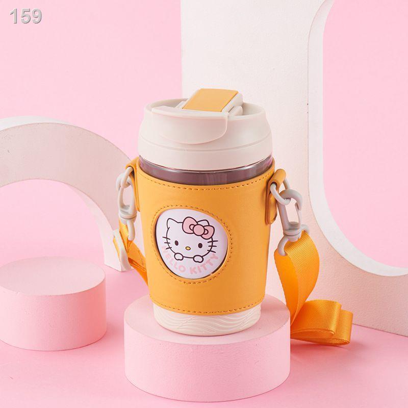 ❡✥۞Hellokitty Ly cà phê Hello Kitty với ống hút cốc tiện dụng nữ sinh viên nhựa cầm tay đồ uống đôi đi kèm với chai nước