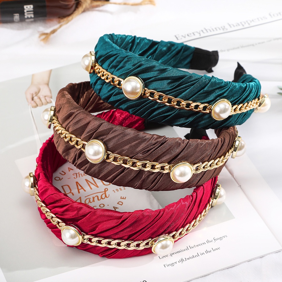 Băng đô cài tóc bản rộng xếp nếp màu trơn phối hạt ngọc trai nhân tạo phong cách Hàn Quốc thời trang dành cho nữ