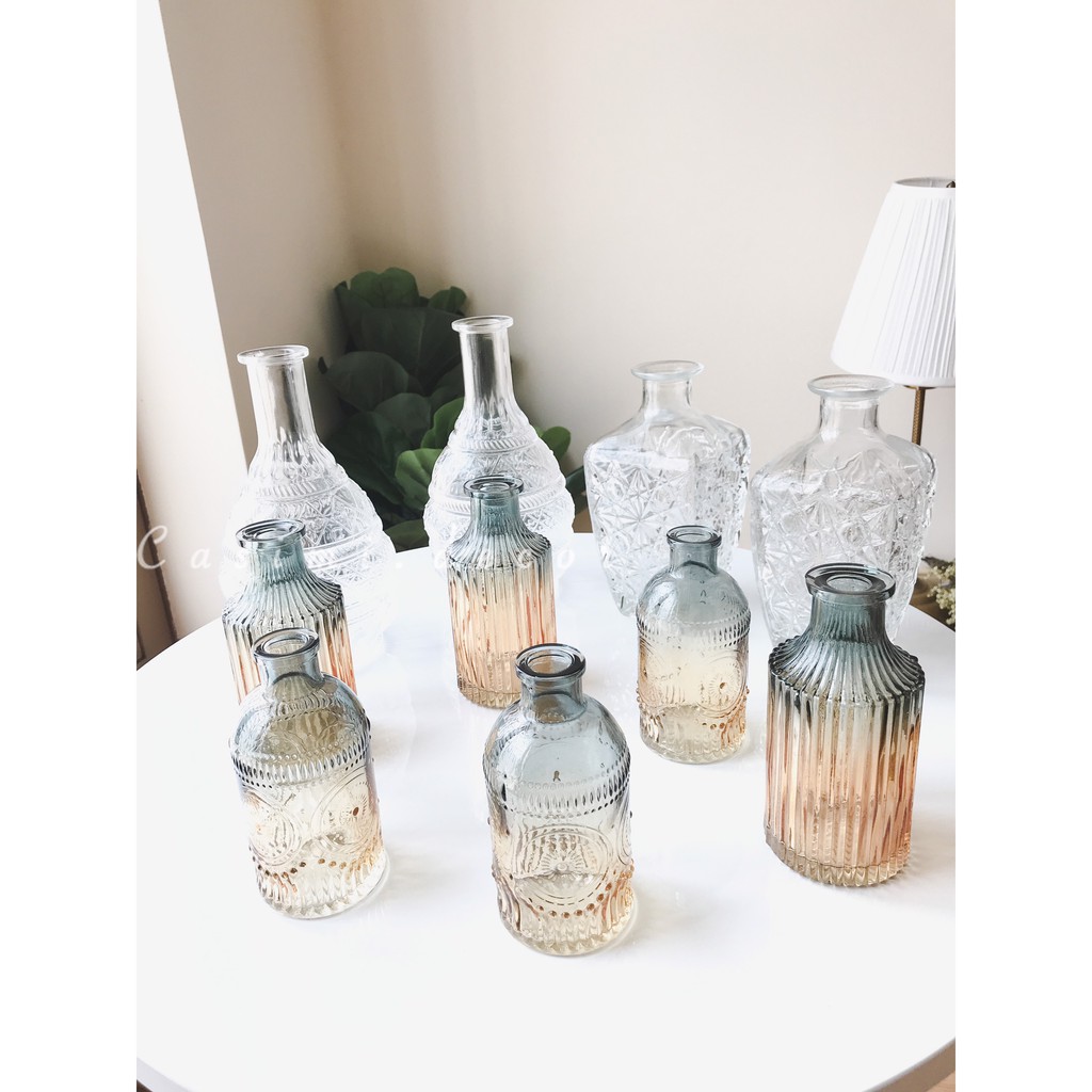 Lọ cắm bông hoa bình hoa thủy tinh màu trà Ombre VINTAGE trang trí bàn trà, bàn học Casimi Decor