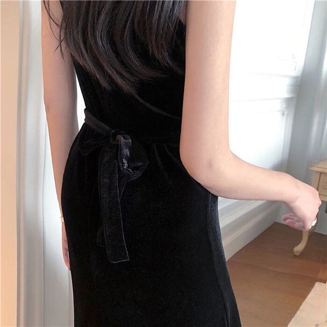 SẴN🖤Đầm dự tiệc hai dây nhung ôm body trơn basic sang chảnh|Đầm suông xẻ sexy dây quyến rũ dáng dài cổ đổ | BigBuy360 - bigbuy360.vn