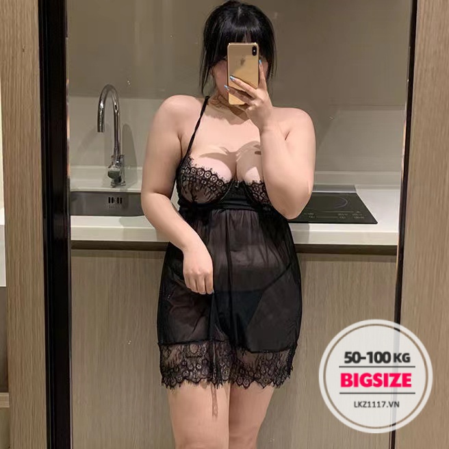 Đồ ngủ sexy gợi cảm Bigsize Váy ngủ nữ Đầm ngủ 2 dây Ren 45-100kg xuyên thấu hở lưng kết hợp quần lót lọt khe quyến rũ cho người mập béo nữ Vải cao cấp