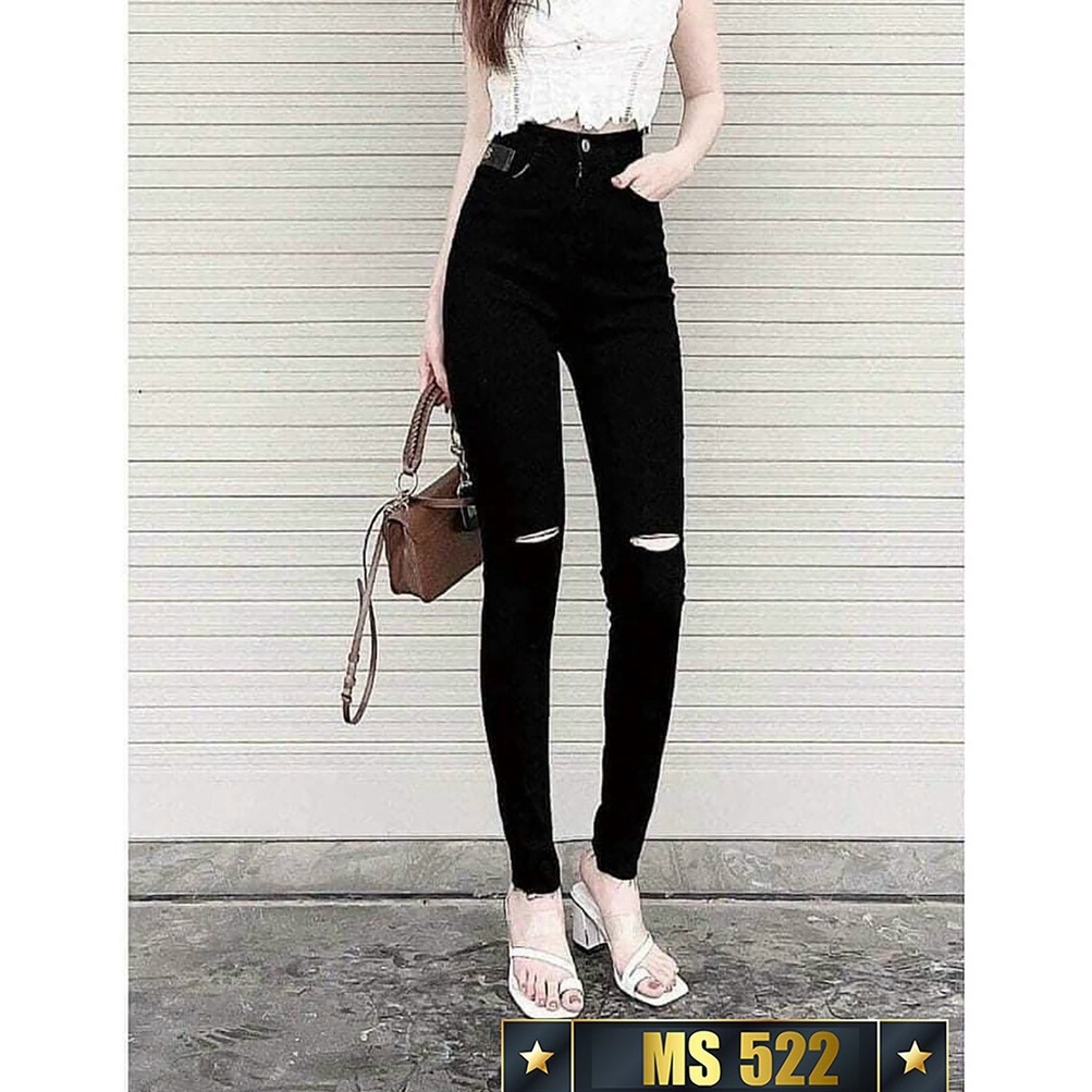 Quần jean nữ lưng cao, jean nữ màu đen rách gối cao cấp MURADFASHION MS522