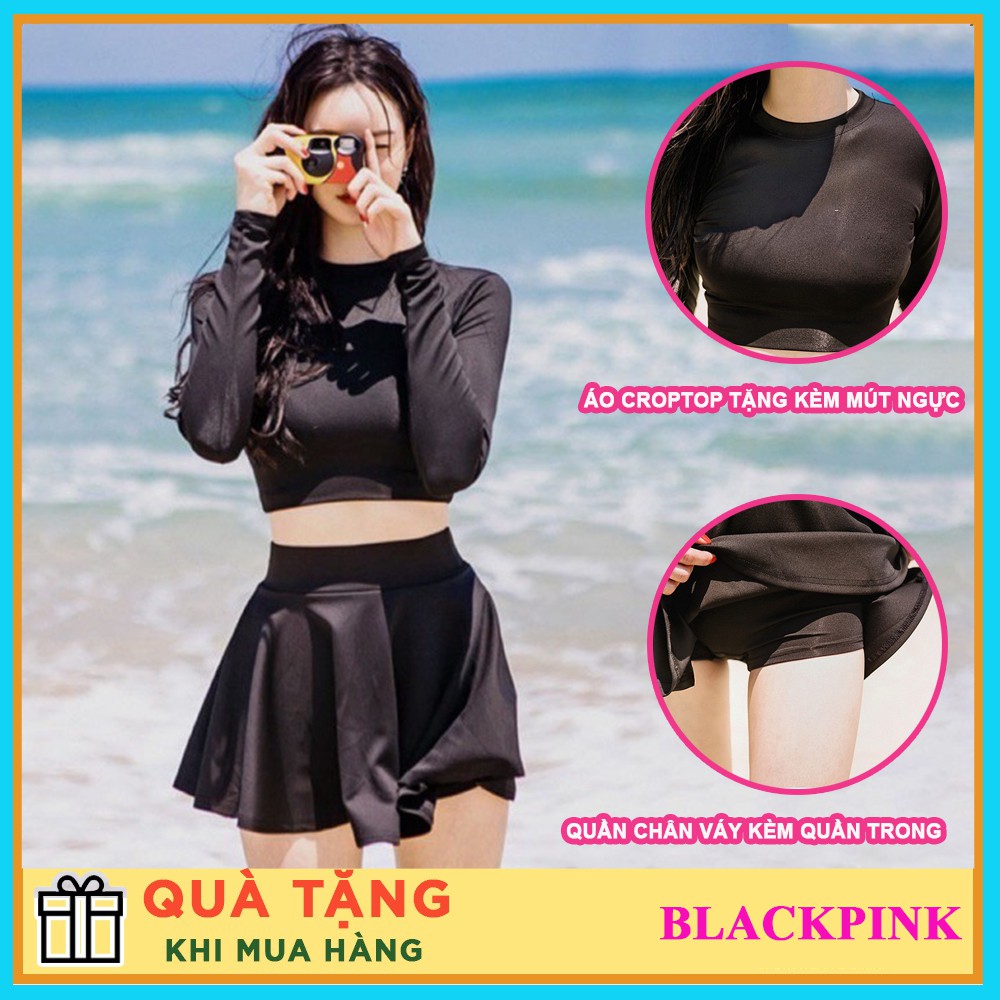 [M,L,XL] Bikini đồ bơi nữ 2 mảnh dài tay đen phối quần váy kín đáo sang trọng tặng kèm mút ngực QP008 | BigBuy360 - bigbuy360.vn