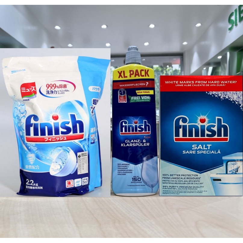 Combo Bột Rửa Bát Finish Nhật 2,2kg + Nước làm bóng finish 750ml + Muối rửa bát Finish 1,2kg