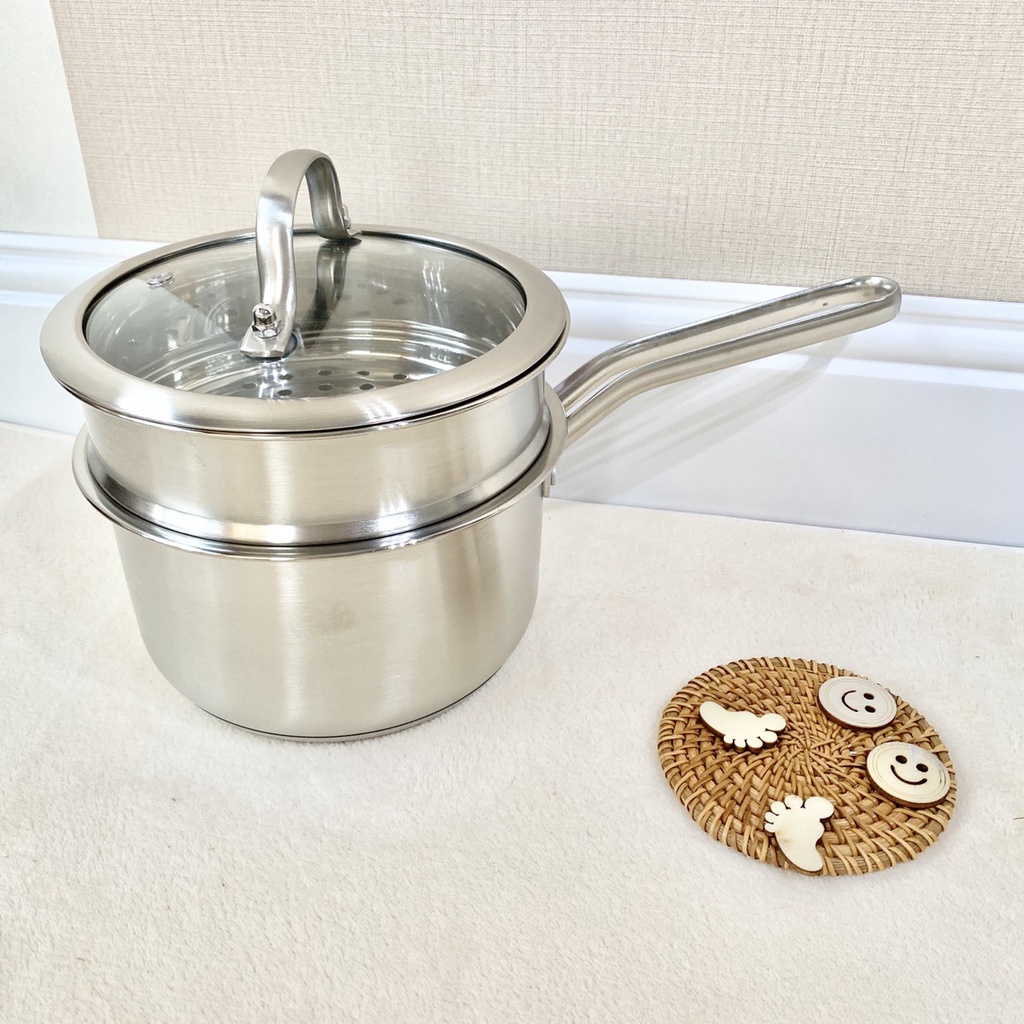 Bộ nồi Inox kèm xửng hấp Milk Pot 16cm nấu cháo, đồ ăn dặm cho bé | Nồi nấu đồ ăn dặm cho bé
