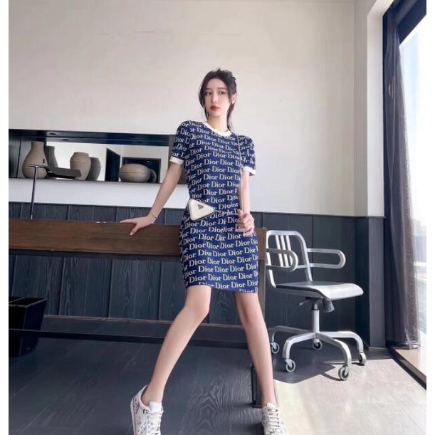 Đầm dệt kim tay ngắn in họa tiết Dior hợp thời trang cho nữ