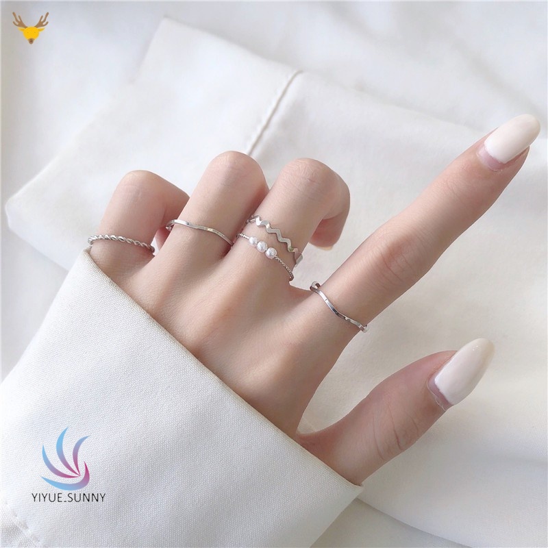 Bộ 5 Nhẫn Đính Ngọc Trai Nhân Tạo Màu Vàng Giả Thời Trang Hàn Quốc