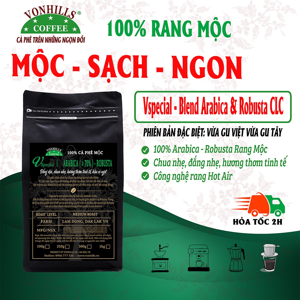 Cà phê hạt nguyên chất Vonhills, 100% rang mộc , chua nhẹ, đắng vừa, pha phin pha máy Vonhills Coffee