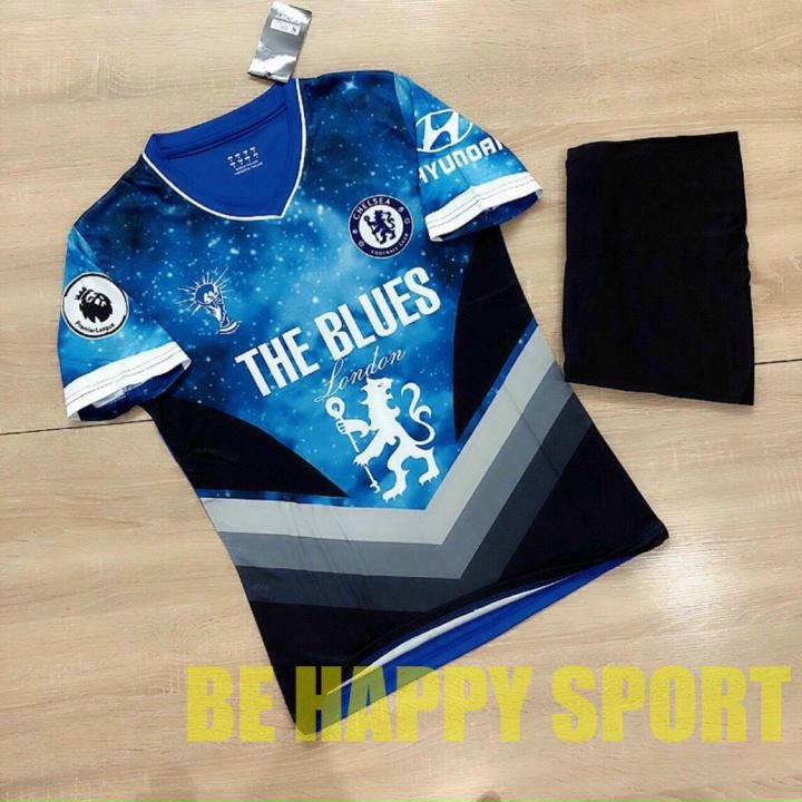 Đồ Đá Banh Nam Nữ Chelsea Xanh Galaxy Kẻ Đen Hàng Thun Thái - Đồ Đá Banh PP Bởi Be Happy Sport