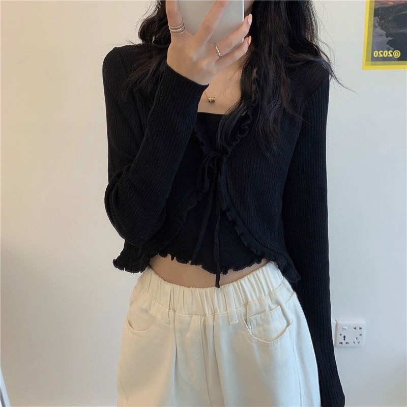 Set Áo Cardigan Dài Tay Kèm Áo Croptop 2 Dây 🦋 Áo Carigan len tăm Viền Bèo Kèm Áo Ngắn 🦋 🌸Nasu May🌸 | BigBuy360 - bigbuy360.vn
