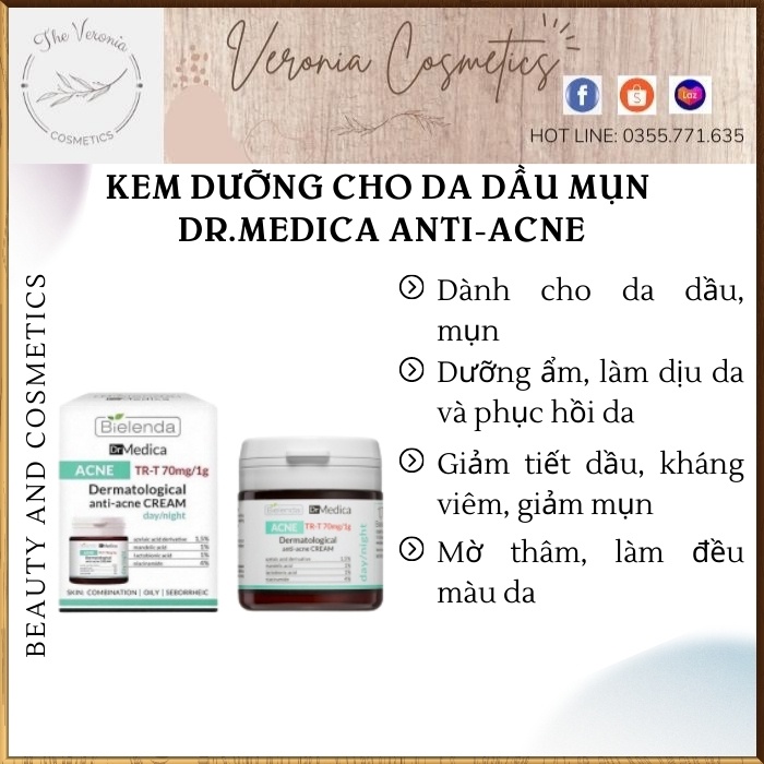 Kem dưỡng cho da dầu mụn Bielenda Dr.Medica Anti-acne Dermatological giảm mụn, mờ thâm, bảo vệ da