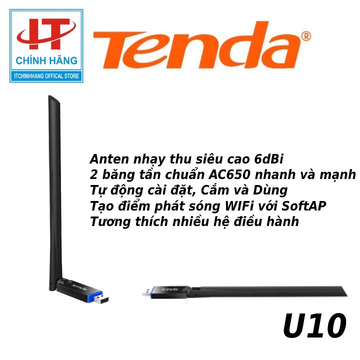 Tenda USB kết nối Wifi U10 chuẩn AC tốc độ 650Mbps - Chính Hãng Microsun Phân Phối