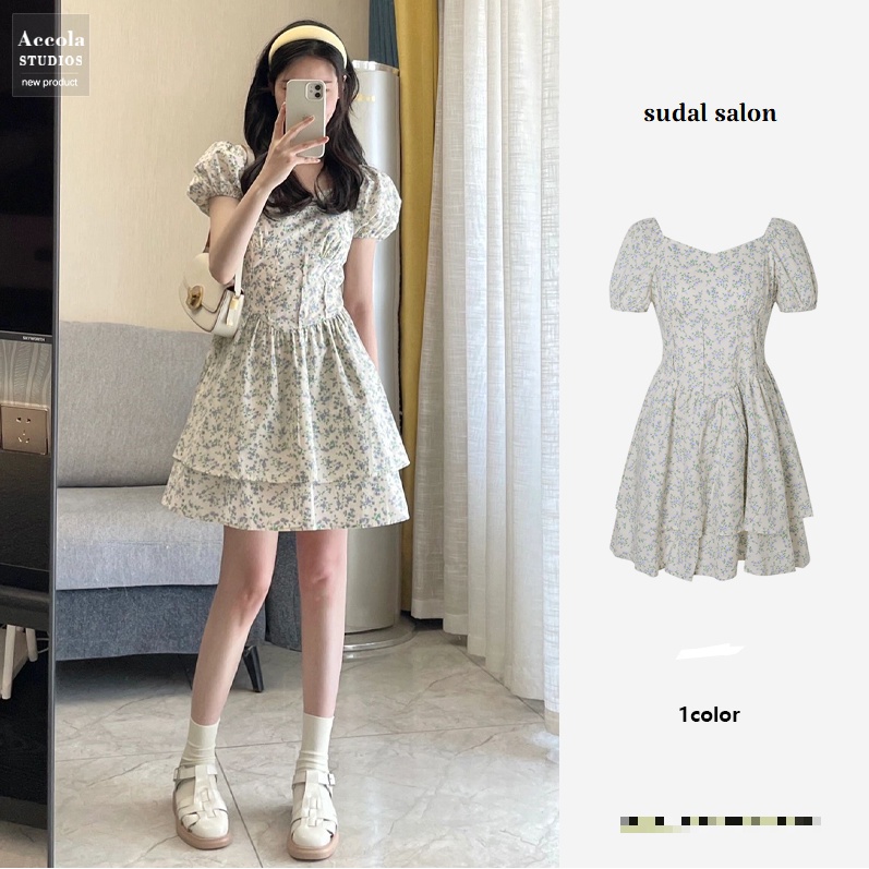 Váy hoa nhí MORAN tay phồng cổ bẻ màu đen, thon eo xòe 2 tầng style vintage Hàn Quốc điệu đà
