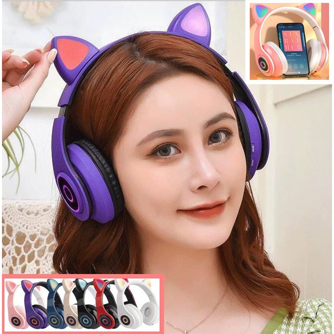 Tai Nghe Bluetooth 5.0 Không Dây Chống Ồn Hình Tai Mèo Có Đèn LED Và Mic Đầu Cắm 3.5mm