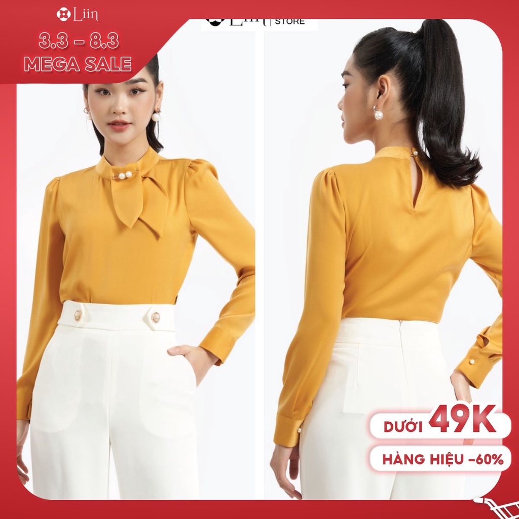 Áo kiểu nữ màu vàng thiết kế cổ tròn vạt khăn cách điệu xinh xắn Liin Clothing SM4008