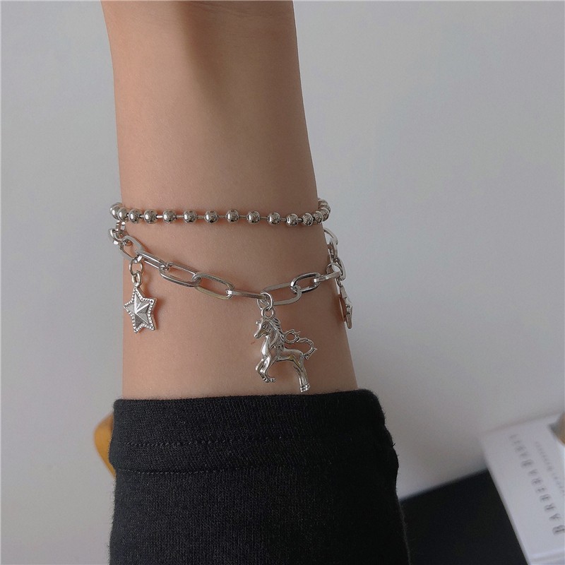 Vòng tay thiết kế mặt hình kỳ lân/2 ngôi sao phong cách hip hop hợp thời trang