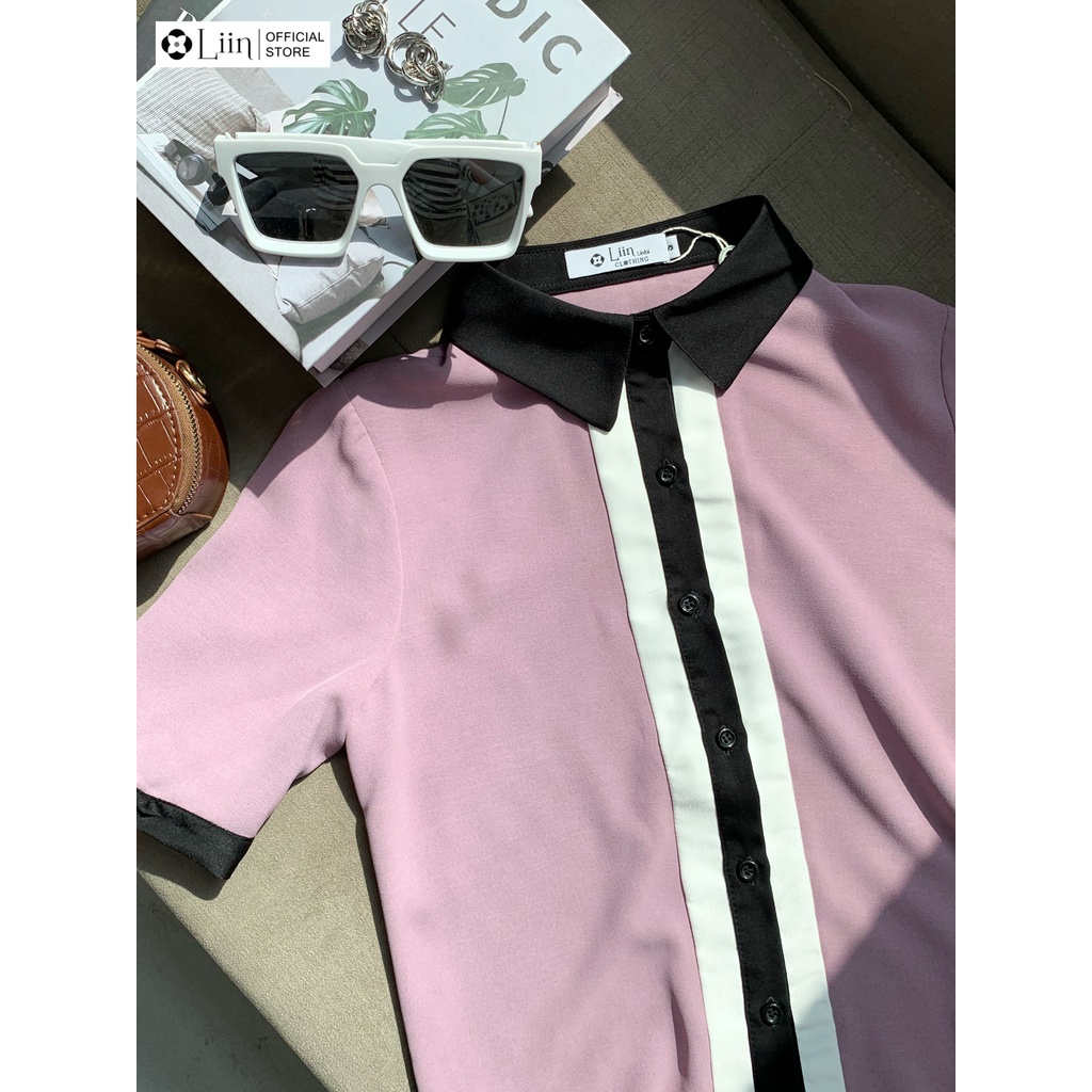 Áo sơ mi màu tím cách điệu Viền Đen Trắng kiểu dáng cộc tay năng động Liin Clothing SM3728