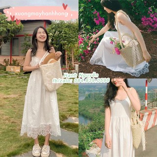 Váy 2 dây maxi ren trắng Ulzzang Quảng Châu cực xinh đi biển, du lịch, Đầm xoè hai dây