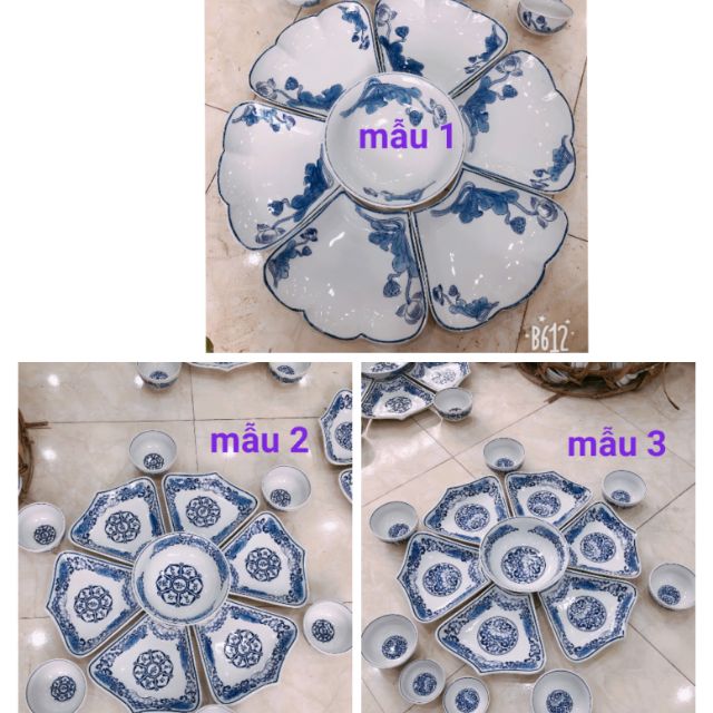 Bộ đĩa bát hoa mặt trời men lam