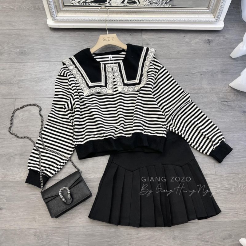 Áo sơ mi thun cotton ZARA xuất xịn áo cổ thủy thủ tay dài sọc trắng đen