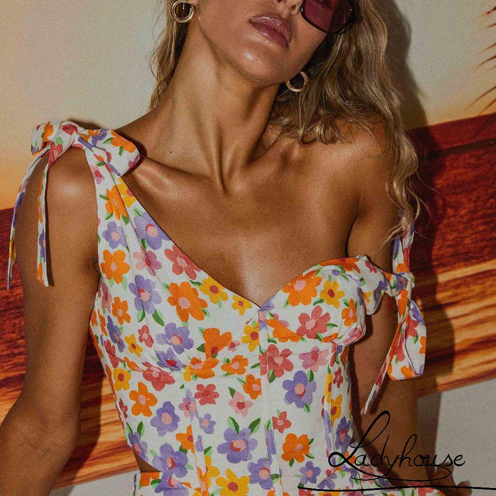 Áo Croptop Hai Dây Cổ Chữ V Không Tay In Họa Tiết Hoa Có Khóa Kéo Sau Lưng Cho Nữ