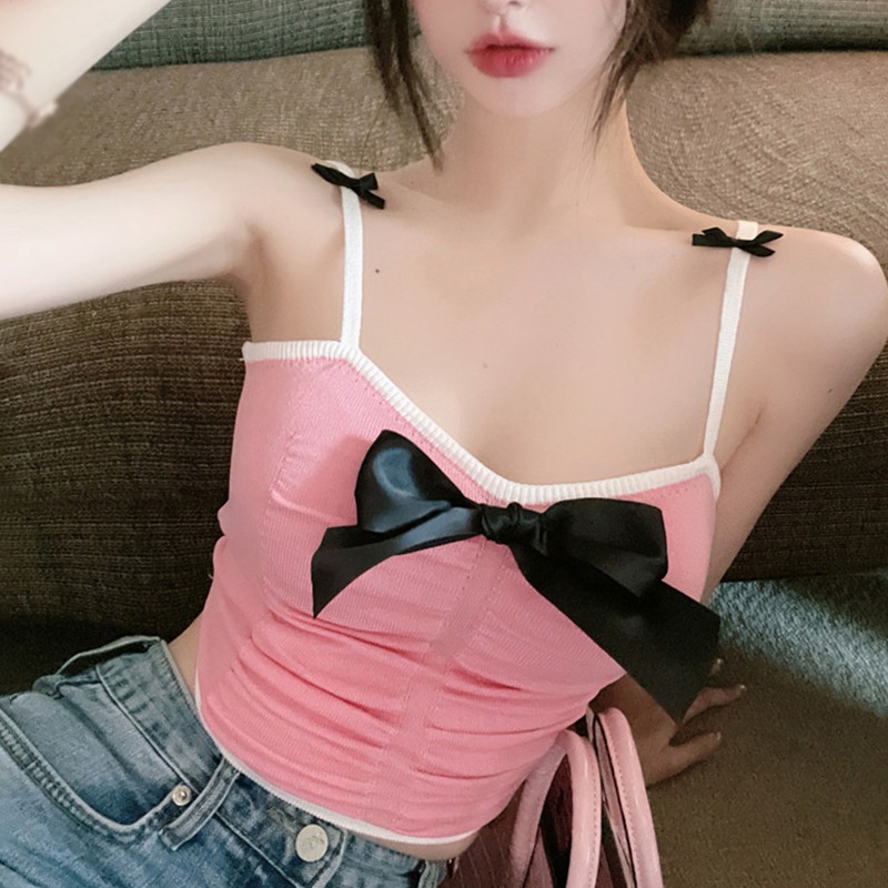 Áo Croptop Sát Nách Dáng Ôm Đính Nơ Xếp Ly Thiết Kế Gợi Cảm Cho Nữ