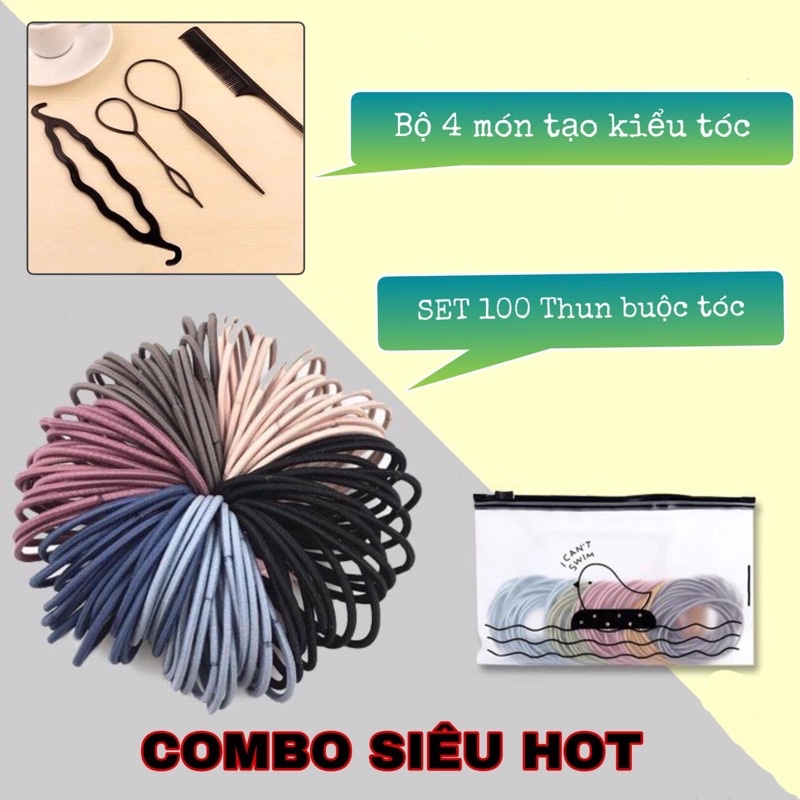 COMBO TÚI 100 THUN BUỘC TÓC KÈM BỘ 4 MÓN TẠO KIỂU TÓC