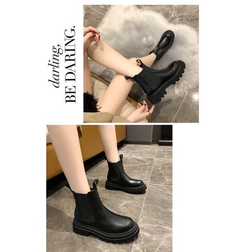 Boots nữ ulzzang cổ ngắn phối chun đế cao 5cm da trơn
