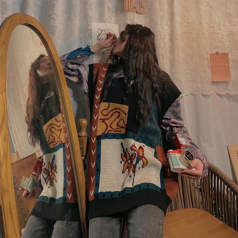 Bộ áo khoác dệt kim cổ chữ v dáng rộng in hình nhân vật mới xuân thu kiểu retro 2021 | BigBuy360 - bigbuy360.vn