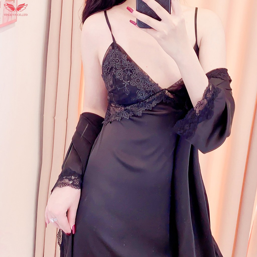 Set Áo Choàng Lụa Tay Lỡ Kèm Váy Ngủ VINGO Hai Dây Cao Cấp Phối Ren Gợi Cảm Sexy Có Lót Ngực M141 VNGO | BigBuy360 - bigbuy360.vn