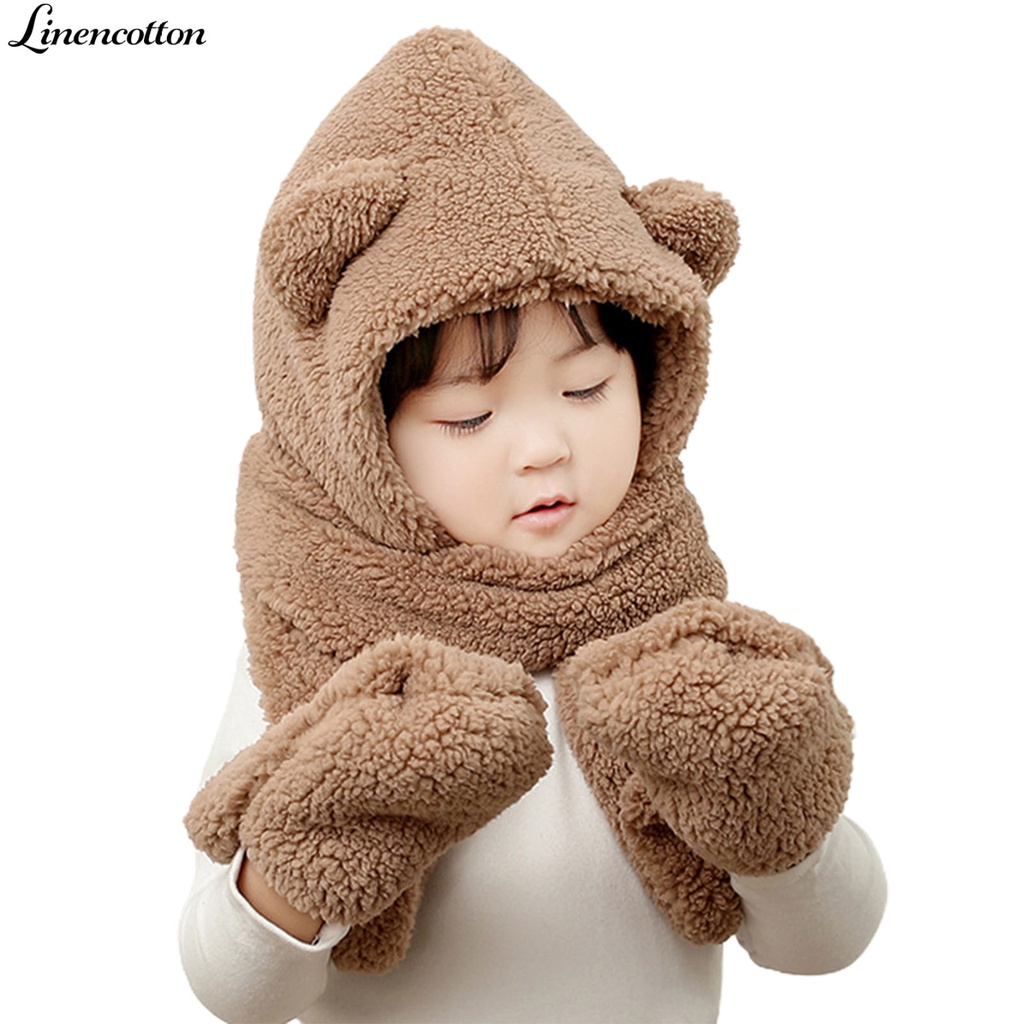 Nón kiêm khăn choàng cổ và găng tay bằng cotton lanh chống lạnh hình gấu dễ thương cho bé