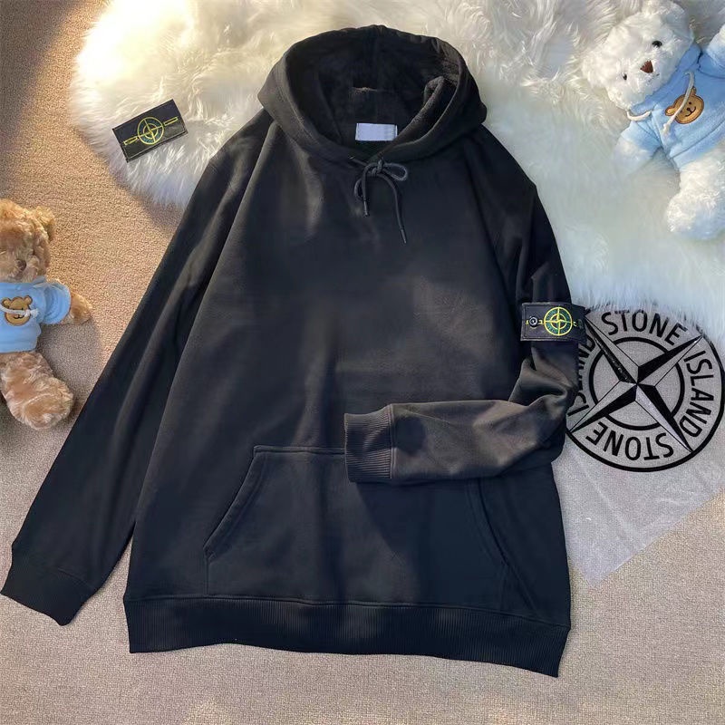 O Áo hoodie nam N form Rộng Màu Trơn Phối Nhung Cho nam Và Nữ Stone ISLAND