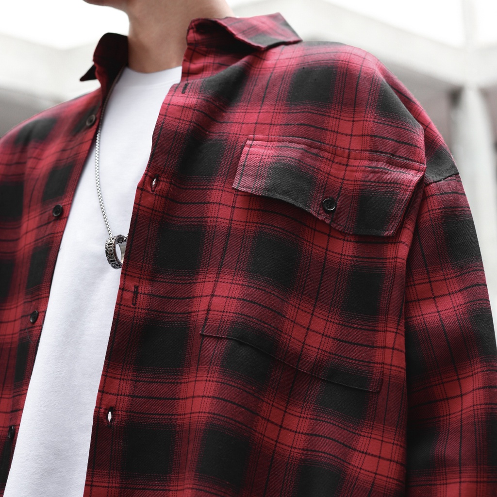 Áo Sơ Mi Flannel Màu Đỏ Sọc Tím Form Rộng Thoải Mái Chất Liệu Cotton Thoáng Mát
