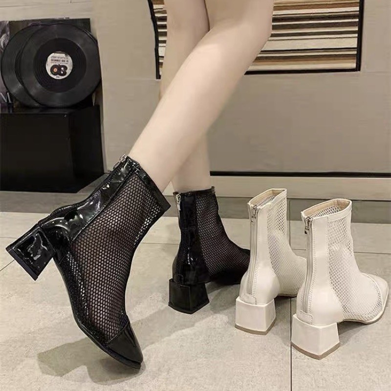 Giày bốt nữ boot lưới da bóng đế 5cm kiểu dáng thời trang, phong cách