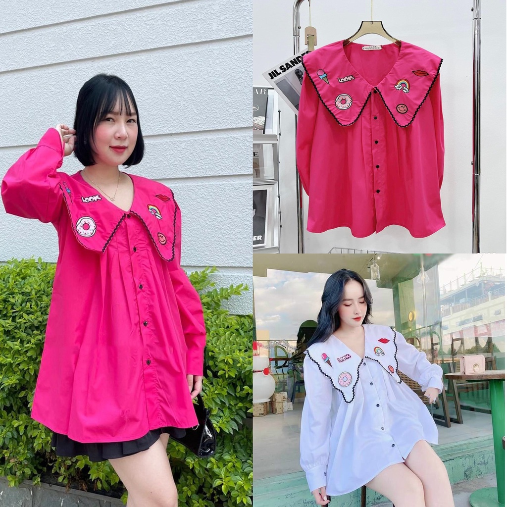 Áo sơ mi nữ babydoll bánh bèo kiểu tay phồng họa tiết IN nổi iCream cổ thuyền STOREMINA AK03